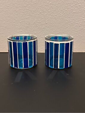 Blue Striped Glass Candle Holders